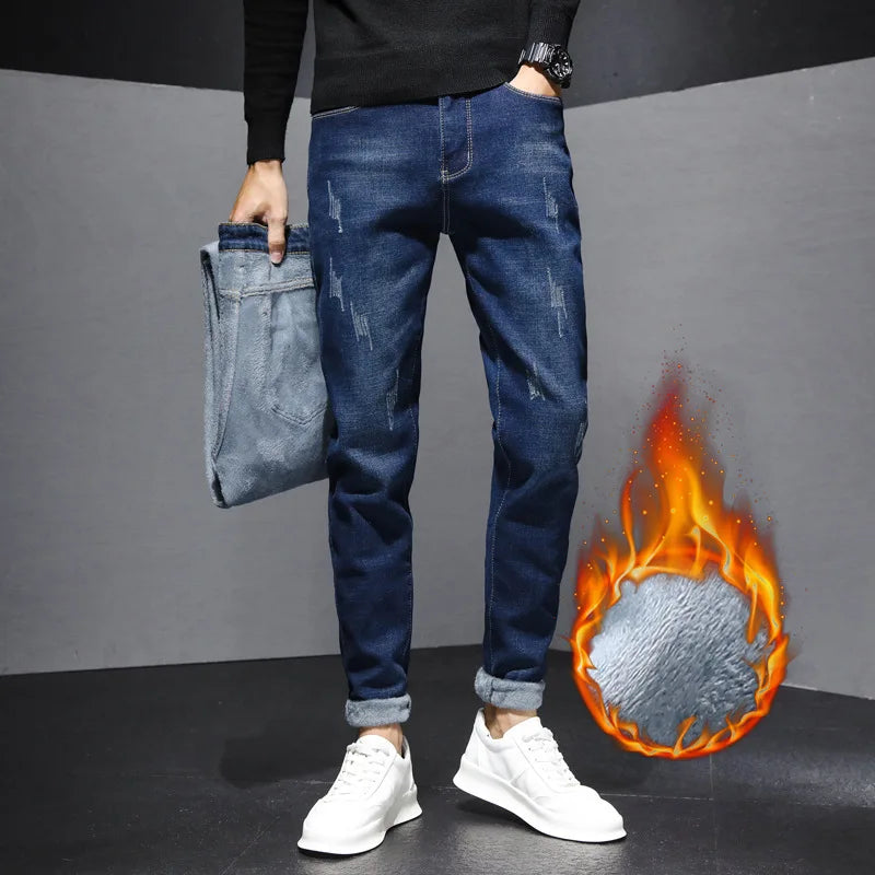 Men's Fleece Warm Business Jeans
